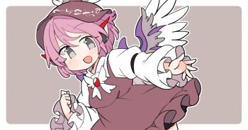 Rule 34 | 1girl, :d, animal ears, bird ears, bird girl, bird wings, blush, border, bow, bowtie, brown dress, brown hat, collared shirt, commentary, cowboy shot, dress, fang, grey background, grey eyes, hat, ini (inunabe00), long sleeves, looking at viewer, mystia lorelei, open mouth, outline, outside border, shirt, simple background, skin fang, sleeve garter, smile, solo, touhou, white border, white bow, white bowtie, white outline, white shirt, winged hat, wings