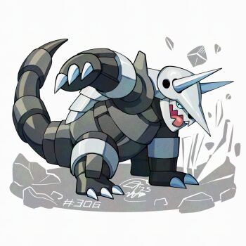 aggron blue_eyes claws full_body gen_3_pokemon horns mistray-art nintendo no_humans open_mouth pokemon pokemon_(creature) signature simple_background solo tail white_background