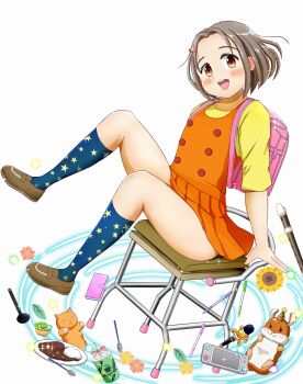 1girl backpack bag blush brown_eyes brown_hair brown_shoes chair commentary_request cosplay cup curry disposable_cup flower flute food fork hair_ornament hairclip handheld_game_console harukaze_noa harukaze_noa_(cosplay) highres idol_wars instrument kneehighs leaf microphone miu_pal orange_shirt orange_skirt pencil randoseru recorder rice shikoda_kanna shirt shoes sitting skirt socks spoon stuffed_animal stuffed_cat stuffed_hamster stuffed_toy yellow_shirt