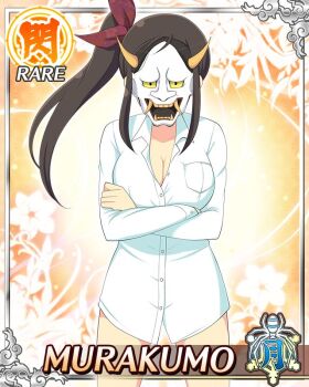 1girl border breasts brown_hair card_(medium) character_name cleavage crossed_arms facing_viewer game_cg green_eyes hair_ribbon hannya large_breasts long_hair mask murakumo_(senran_kagura) naked_shirt noh_mask official_art red_ribbon ribbon senran_kagura senran_kagura_new_wave shirt side_ponytail solo third-party_source white_shirt