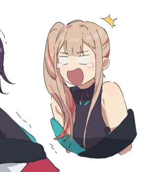 Rule 34 | 2girls, ^^^, black hair, blank eyes, brown hair, cho kaguya-hime!, commentary, cropped arms, cropped torso, fafayu, kaguya (cho kaguya-hime!), long hair, long sidelocks, multicolored hair, multiple girls, official alternate costume, official alternate hairstyle, out of frame, red streaks, sakayori iroha, short hair, side ponytail, sidelocks, sleeveless, sleeveless turtleneck, streaked hair, tearing up, trembling, turtleneck