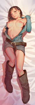 1girl absurdres bed_sheet belt belt_buckle black_legwear blush boots breasts brown_belt brown_boots brown_eyes brown_hair buckle closed_mouth dakimakura_(medium) dress earrings female_focus full_body highres jacket jewelry large_breasts lips looking_at_viewer lying muk_(monsieur) navel nipples no_bra off_shoulder on_back open_clothes open_jacket puffy_nipples sheet_grab short_hair solo tiny_evil unzipped v white_dress