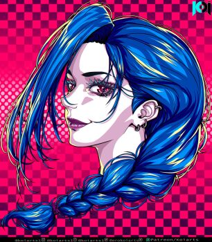 1girl absurdres artist_name asymmetrical_bangs blue_hair checkered_background closed_mouth cropped_head ear_piercing earrings eyelashes highres jewelry jinx_(league_of_legends) koiarts league_of_legends long_hair pale_skin piercing pink_background pink_eyes purple_background red_lips shiny_lips smile solo