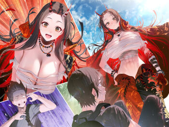 abs breasts cape groin horns large_breasts muscular muscular_female oni open_fly pants sarashi tagme wandmaker_0933