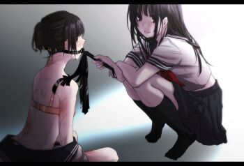 2girls ball_gag bdsm bite_marks black_hair bondage bound bra brown_eyes bruise female_focus femdom gag gagged ice_(aitsugai) injury long_hair multiple_girls saliva school_uniform short_hair simple_background sitting skirt smile socks squatting tears underwear whip whip_marks yuri