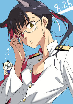 Rule 34 | 2girls, agahari, animal ears, black hair, blonde hair, dated, glasses, heterochromia, long hair, military, military uniform, multiple girls, perrine h. clostermann, ponytail, red eyes, sakamoto mio, simple background, strike witches, world witches series, yellow eyes