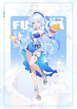 1girl absurdres ahoge alternate_costume ball beachball blue_eyes blue_hair blue_nails bow breasts dafu_zhentan drop-shaped_pupils english_text food fruit full_body furina_(genshin_impact) genshin_impact hair_over_one_eye hat heterochromia highres holding leg_ribbon lemon lemon_slice lemonade looking_at_viewer multicolored_hair nail_polish official_art one-piece_swimsuit open_mouth ribbon sandals smile solo standing swimsuit symbol-shaped_pupils toenail_polish toenails white_hair