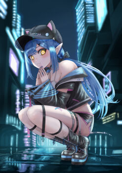 1girl animal_hat asymmetrical_legwear baseball_cap belt black_choker black_hat black_jacket black_nails black_shorts blue_hair blue_nails boots braid breasts cat_hat choker cleavage closed_mouth collarbone commentary_request double-parted_bangs elf fingernails fishnet_socks fishnets full_body hair_between_eyes hat highres hirano_(fireworks) hololive jacket large_breasts long_hair long_sleeves looking_at_viewer low_twintails nail_polish navel night official_alternate_costume open_clothes open_jacket outdoors pointy_ears short_shorts shorts side_braids socks squatting stomach thigh_strap twintails very_long_hair virtual_youtuber white_belt yellow_eyes yukihana_lamy yukihana_lamy_(cyber)