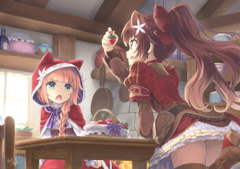 2girls apple artist_name basket blush bow braid brown_hair closed_mouth dated errant food fruit frying_pan green_eyes grimms_echoes hair_bow highres long_hair looking_at_another multiple_girls open_mouth ponytail red_bow red_eyes signature smile tongue tongue_out very_long_hair