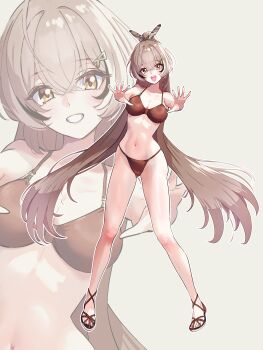 Rule 34 | 1girl, absurdres, bikini, blush, breasts, brown bikini, brown eyes, brown feathers, brown hair, brown shoes, cleavage, collarbone, feather hair ornament, feathers, feet, fueppu, full body, hair ornament, highres, hololive, hololive english, long hair, looking at viewer, midriff, multicolored hair, nanashi mumei, navel, open mouth, sandals, shoes, standing, stomach, streaked hair, swimsuit, teeth, thighs, toes, virtual youtuber