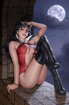 1girl bat_(animal) black_boots black_hair boots bracelet breasts clothing_cutout cloud collar crossed_legs earrings full_moon gold_bracelet grey_eyes hand_on_own_head highres jewelry large_breasts long_hair looking_at_viewer moon navel_cutout night one-piece_swimsuit outdoors red_nails red_one-piece_swimsuit sitting solo swimsuit thigh_boots vampirella vampirella_(character) white_collar yoon_junggeun