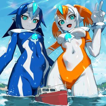2girls :d blue_eyes blue_hair bodysuit breasts colored_skin fang frown giant giantess looking_at_viewer medium_breasts multicolored_hair multiple_girls navel nikunopengin ocean open_mouth orange_hair original partially_submerged ship short_twintails skin_tight small_breasts smile tsuburaya_productions twintails two-tone_hair ultra_series v watercraft wet white_hair white_skin x-girl_flare x-girl_selena