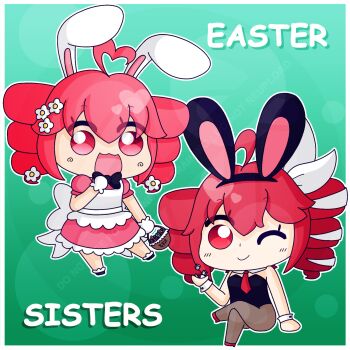 Rule 34 | ahoge, alternate costume, animal ears, basket, black leotard, chibi, chibi only, commentary request, crossed legs, dress, drill hair, easter, fake animal ears, flower, hair flower, hair ornament, heart, heart ahoge, highres, holding, holding basket, kasane teto, kasane teto (sv), leotard, morgane, open mouth, pantyhose, pink dress, playboy bunny, rabbit ears, red eyes, red hair, red nails, sitting, smile, synthesizer v, twin drills, utau, wrist cuffs