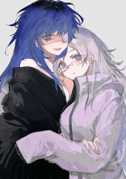 2girls absurdres aotsuki_eito black_hair black_kimono blue_eyes blue_hair breasts cleavage commentary_request eye_print eyepatch genderswap genderswap_(mtf) glasses grey_hair hand_on_another&#039;s_arm highres jacket japanese_clothes kimono latham_(7189680211) long_hair looking_at_viewer medium_breasts multicolored_hair multiple_girls omokage_yugamu print_eyepatch simple_background sleeves_past_fingers sleeves_past_wrists the_hundred_line_-last_defense_academy- upper_body white_background white_jacket yuri
