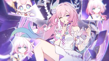 1girl bare_shoulders blue_hair breasts chromatic_aberration closed_mouth cyrene_(philia093)_(honkai:_star_rail) cyrene_(honkai:_star_rail) cyrene_(demiurge)_(honkai:_star_rail) diamond-shaped_pupils diamond_(shape) dress finger_to_mouth flower glass_shards gradient_hair hair_flower hair_intakes hair_ornament halo halo_behind_head hand_up highres honkai:_star_rail honkai_(series) index_finger_raised long_hair looking_at_viewer medium_breasts mem_(honkai:_star_rail) multicolored_hair nail_polish on_swing one_eye_closed pink_hair purple_eyes purple_flower purple_nails purple_rose rose shushing smile solo swing symbol-shaped_pupils thighs white_dress xiaohutu