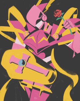 Rule 34 | 1boy, armor, cowboy shot, cross, digimon, digimon (creature), digipuri, flower, full armor, gold armor, gold ribbon, hand up, helmet, holding, holding flower, holding shield, lordknightmon, male focus, multicolored armor, pink armor, pink helmet, red flower, red rose, ribbon, rose, shield, solo, winged helmet, yellow ribbon