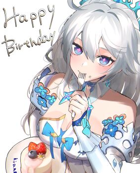 Rule 34 | 1girl, ahoge, blue eyes, breasts, cake, cleavage, commentary request, detached sleeves, diamond-shaped pupils, diamond (shape), dress, food, fork, happy birthday, highres, holding, holding fork, honkai (series), honkai impact 3rd, kiana kaslana, kiana kaslana (ba-dum! fiery wishing star), kiana kaslana (wintery wishes), large breasts, long hair, looking at viewer, official alternate costume, simple background, solo, symbol-shaped pupils, tiara, utekikuore, utensil in mouth, very long hair, white background, white dress, white hair