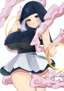1girl absurdres adapted_costume black_eyes black_hood black_shirt blue_hair blush breasts cloud cowboy_shot highres holding_hoop hoop kumoi_ichirin large_breasts light_smile long_hair looking_at_viewer pink_clouds shinonome_zakuro shirt skirt sleeveless solo steam sweat thigh_gap touhou undershirt white_background white_skirt