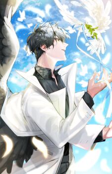 Rule 34 | 1boy, absurdres, bird, black hair, black shirt, black wings, coat, collared shirt, commentary request, day, demon horns, dove, falling feathers, feathered wings, feathers, glowing, hand up, hayu beck, head tilt, highres, horns, kim dokja, korean commentary, male focus, omniscient reader's viewpoint, open clothes, open coat, outdoors, plant request, popped collar, ribbon, shirt, short hair, too many, too many birds, upper body, white coat, wings