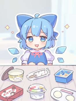 1girl :3 :d ahoge blue_bow blue_dress blue_eyes blue_hair blush bow cirno coa_(chroo_x) collared_shirt commentary detached_wings double-parted_bangs dress drooling food food_packaging hair_bow highres ice ice_wings looking_at_viewer mouth_drool neck_ribbon open_mouth outline pinafore_dress popsicle red_ribbon ribbon shirt short_hair short_sleeves sleeveless sleeveless_dress smile solo sparkle touhou upper_body white_outline white_shirt wings