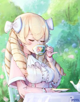 1girl blonde_hair bow bra_visible_through_clothes closed_eyes cup dress drill_hair drinking female_focus fire_emblem fire_emblem_awakening fire_emblem_heroes gloves hair_bow highres ippers maribelle_(fire_emblem) nintendo outdoors sitting solo tea_set teacup teapot twin_drills
