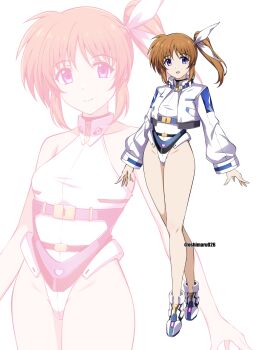 1girl adapted_costume breasts brown_hair commentary_request cropped_jacket full_body highleg highleg_leotard highres jacket leotard looking_at_viewer lyrical_nanoha mahou_shoujo_lyrical_nanoha medium_breasts oshimaru026 purple_eyes side_ponytail solo standing takamachi_nanoha variant_set white_background white_jacket white_leotard zoom_layer