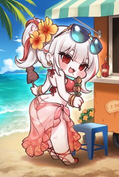 1girl ass beach bikini blush_stickers breasts butt_crack chibi chibi_only chicken_(food) commentary_request day earrings eyewear_on_head flower food from_behind full_body grey_hair hair_flower hair_ornament highres holding holding_skewer ikayaki jewelry ketchup_bottle korean_commentary looking_at_viewer multicolored_hair ocean outdoors red_bikini red_eyes red_hair rim_(chaos)_(trickcal) rim_(trickcal) sand sandals sarong skewer solo standing streaked_hair sunlight swimsuit trhisell trickcal water