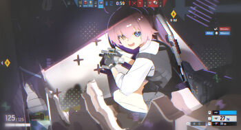 1girl black_gloves blue_archive blue_eyes bulletproof_vest chinese_commentary commentary_request gloves gun gun_on_back heterochromia highres holding hoshino_(armed)_(blue_archive) hoshino_(blue_archive) long_hair looking_at_viewer looking_back open_mouth pink_hair ponytail rainbow_six_siege shirt shotgun solo squatting user_interface weapon weapon_on_back white_shirt wiersa yellow_eyes