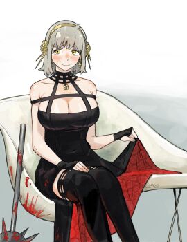 1girl bare_shoulders black_dress black_gloves blonde_hair breasts closed_mouth co1fee cosplay dress dungeon_meshi earrings falin_touden falin_touden_(tallman) gloves gold_earrings gold_hairband gold_headband hair_ornament hairband highres jewelry looking_at_viewer short_hair simple_background smile solo spy_x_family thighhighs two-sided_dress two-sided_fabric weapon white_background yor_briar yor_briar_(cosplay)