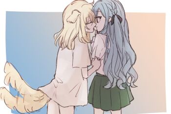 Rule 34 | 2girls, afterimage, alternate costume, animal ears, bang dream!, bang dream! it's mygo!!!!!, black ribbon, blonde hair, blue hair, border, braid, closed eyes, closed mouth, dog ears, dog tail, face-to-face, from behind, gradient background, green skirt, hair between eyes, hair ribbon, hand on another's arm, imminent kiss, long hair, medium hair, misumi uika, multiple girls, one side up, open mouth, outside border, pleated skirt, ribbon, setou (bpdne), shirt, short sleeves, sidelocks, sketch, skirt, surprised, tail, tail wagging, togawa sakiko, tongue, tongue out, white border, white shirt, wide-eyed, yuri
