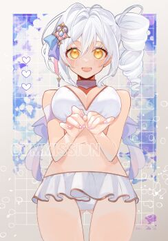 1girl allipaca banbanjiiiiiii bare_shoulders bikini breasts choker cleavage commission drill_hair feet_out_of_frame hair_ornament highres indie_virtual_youtuber large_breasts long_hair looking_at_viewer navel open_mouth pink_nails side_drill single_drill skeb_commission solo swimsuit virtual_youtuber white_bikini white_choker white_hair yellow_eyes