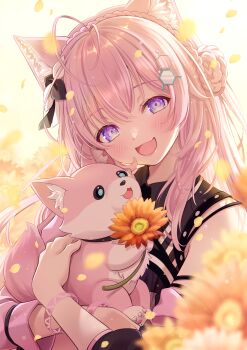 Rule 34 | 1girl, :d, absurdres, animal ears, asymmetrical sleeves, black shirt, black sleeves, braid, braided bun, collared shirt, commentary request, crown braid, detached sleeves, double-parted bangs, double bun, falling petals, flower, hair bun, hair ribbon, hakui koyori, hexagon hair ornament, highres, hololive, hololive idol uniform (color rise), kokoro (hakui koyori), long hair, looking at viewer, mismatched sleeves, multicolored shirt, nagasawa rin, official alternate costume, open mouth, petals, pink hair, pink sleeves, puffy detached sleeves, puffy short sleeves, puffy sleeves, purple eyes, ribbon, shirt, short sleeves, sidelocks, single detached sleeve, single sleeve, smile, solo, upper body, virtual youtuber, wavy hair, wolf ears, wolf girl