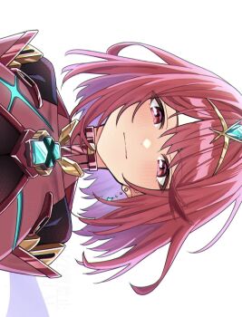 1girl blush breasts chest_jewel core_crystal_(xenoblade) highres large_breasts pyra_(xenoblade) red_eyes red_hair shinae short_hair simple_background smile solo tiara upper_body white_background xenoblade_chronicles_(series) xenoblade_chronicles_2