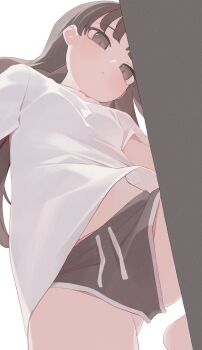 Rule 34 | 1girl, black eyes, black hair, black shorts, closed mouth, commentary, dolphin shorts, from below, highres, hiroki (yyqw7151), long hair, looking at viewer, original, panties, panty peek, pink panties, shirt, short shorts, shorts, solo, underwear, white background, white shirt