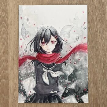 1girl arms_behind_back black_background black_hair black_sailor_collar black_serafuku black_shirt black_skirt closed_mouth commentary cowboy_shot english_commentary enpera gradient_background grey_background hair_between_eyes hair_ornament hairclip kagerou_project limited_palette long_hair long_sleeves looking_at_viewer neckerchief niipanpann origami paper paper_crane papers petals photo_(medium) pleated_skirt red_eyes red_scarf sailor_collar scarf school_uniform serafuku shirt skirt smile solo tateyama_ayano traditional_media white_background white_neckerchief wind