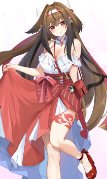 1girl bare_shoulders blush breasts brown_hair cleavage closed_mouth commentary_request fingernails hair_flaps hair_intakes hair_ornament hairband high_heels highres konka large_breasts long_hair looking_at_viewer nail_polish official_alternate_costume red_eyes red_nails red_shoes red_skirt shirt shirt_tucked_in shoes skirt smile socks solo very_long_hair white_hairband white_shirt white_socks ye_shunguang ye_shunguang_(touch_of_dawnlight) zenless_zone_zero