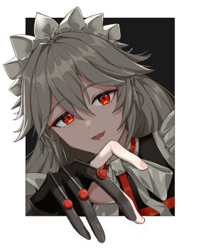 Rule 34 | 1girl, alexandrina sebastiane, black background, black gloves, border, commentary request, gloves, grey hair, hair between eyes, hair intakes, hand up, head tilt, highres, long hair, looking at viewer, maid headdress, open mouth, partially fingerless gloves, portrait, red eyes, solo, white border, yatsuka mirin, zenless zone zero