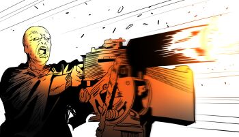 1boy bald blank_eyes commentary_request firing gatling_gun gun harry_potter_(series) highres holding holding_gun holding_weapon in_(ain) korean_commentary long_sleeves male_focus motion_blur open_mouth robe upper_body voldemort weapon weapon_request white_background wide_sleeves wizarding_world