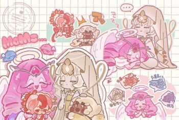 Rule 34 | 2girls, 5boys, angel, angel wings, anti-ai watermark, black sapphire cookie, burning spice cookie, candy apple cookie, cloud haetae cookie, colored skin, cookie run, cookie run: kingdom, demon girl, dress, eternal sugar cookie, gold lips, gold shawl, gold wheat, ishrkut, long hair, looking at viewer, mudra, multiple boys, multiple girls, mystic flour cookie, pavlova cookie, pink eyes, pink hair, pink skin, robe, shadow milk cookie, very long hair, vitarka mudra, watermark, white robe, wings