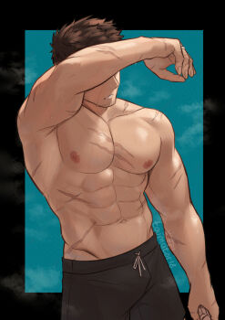 1boy abs bara black_background black_shorts blue_background broad_shoulders brown_hair covered_eyes cowboy_shot drawstring facial_hair groin highres jewelry large_pectorals male_focus muscular muscular_male navel nipples original pectorals ring scar scar_on_arm scar_on_back scar_on_chest scar_on_stomach shiny_skin shorts signature solo spiked_hair stubble sweat thick_arms toumato two-tone_background very_sweaty watermark wiping_sweat