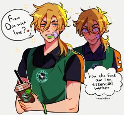Rule 34 | 1boy, absurdres, apron, artist name, bandaid, bandaid on cheek, bandaid on face, black shirt, blonde hair, bracelet, brand name imitation, commentary, contemporary, diego brando, english commentary, english text, green apron, green eyes, green lips, green nails, highres, huyandere, jewelry, jojo no kimyou na bouken, male focus, polo shirt, shirt, signature, sparkle, starbucks, steel ball run, thought bubble