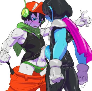 ahoge android antenna_hair armor ass bare_legs black_bodysuit black_gloves black_hair blue_eyes blue_hair blue_skin bodysuit bodysuit_under_clothes breastplate cape clenched_hand colored_skin covered_eyes crossdressing deltarune doukutsu_monogatari expressionless fingerless_gloves floating_cape frottage gauntlets gloves greaves green_cape green_panties grey_armor hat highres howiee kris_(deltarune) panties pants penis penises_touching pink_cape quote_(cave_story) red_hat red_pants red_scarf saliva scarf shirt short_hair shoulder_armor sleeveless sweat sweatdrop tank_top tight_clothes tight_shirt underwear utdr_(toby_fox) white_background white_skin yaoi