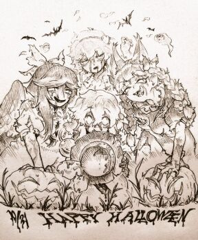 Rule 34 | 4girls, animal ears, bat (animal), bird wings, blood, blood on face, bow, cat ears, commentary request, dress, english text, extra ears, eyeball, feathered wings, fire, flaming skull, floating skull, hair bow, hair ornament, hairband, halloween, halloween costume, happy halloween, hat, heart, heart hair ornament, holding, holding unworn clothes, holding unworn hat, jack-o'-lantern, kaenbyou rin, komeiji koishi, komeiji satori, looking at viewer, menotama, missing headwear, multi-source commentary, multiple girls, multiple hair bows, open mouth, pointy ears, puffy short sleeves, puffy sleeves, reiuji utsuho, shirt, short hair, short sleeves, skull, smile, third eye, third eye on chest, tongue, tongue out, torn clothes, torn dress, torn hat, touhou, traditional media, unworn hat, unworn headwear, wings