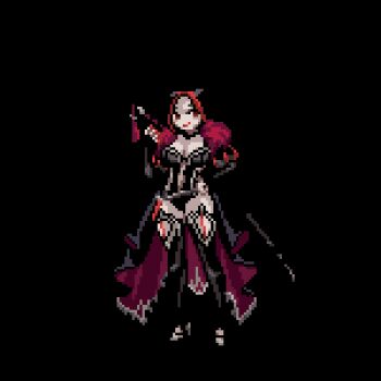 1girl 2021 animated animated_gif aura black_boots black_hair black_leotard black_sleeves boots bouncing_breasts breasts cape ccryupixel choker cleavage clothing_cutout collarbone commentary female_focus fingernails full_body fur-trimmed_cape fur_trim glowing glowing_eyes high_heel_boots high_heels holding holding_sword holding_weapon idle_animation jewelry juliet_sleeves katana knife_sheath large_breasts leotard long_hair long_sleeves multicolored_hair multicolored_leotard navel_cutout necklace numericgazer official_art open_clothes open_mouth pale_skin parted_bangs pixel_art puffy_short_sleeves puffy_sleeves red_eyes red_hair red_lips red_nails scabbard shadow sharp_fingernails sheath short_sleeves side_cutout sideways_glance simple_background solo spread_fingers standing streaked_hair sword thick_thighs thigh_boots thighs transparent_background tsurime two-tone_leotard under_the_witch unsheathing vampire velladawn_(under_the_witch) waist_cape wavy_hair weapon white_background