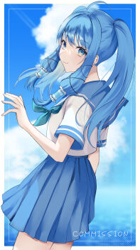 1girl absurdres blue_eyes blue_hair blue_sailor_collar blue_skirt blue_sky cloud commission hair_tubes highres long_hair looking_at_viewer original pleated_skirt ponytail sailor_collar school_uniform serafuku shirt short_sleeves sidelocks skeb_commission skirt sky solo tanaka_(tps9g) white_shirt
