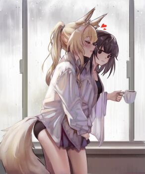 2girls animal_ears arknights black_panties black_tank_top blonde_hair blush brown_eyes brown_hair coffee_mug commentary cup greythroat_(arknights) heart highres holding holding_cup horse_ears horse_girl horse_tail hug hug_from_behind long_hair mug multiple_girls nearl_(arknights) panties ponytail rain shirt smile smiley_(22412smiley) sweat tail tank_top underwear wet wet_clothes wet_hair white_shirt yuri
