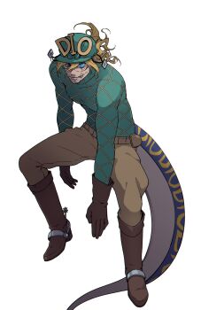 Rule 34 | 1boy, aqua helmet, argyle clothes, argyle sweater, blonde hair, blue eyes, boots, brown boots, brown gloves, commentary request, cracked skin, diego brando, dinosaur tail, full body, glasgow smile, gloves, green sweater, helmet, highres, hunched over, jodhpurs, jojo no kimyou na bouken, kabutom ue shi, knee boots, long hair, male focus, pants, scary monsters (stand), solo, spurs, stand (jojo), steel ball run, sweater, tail, turtleneck, turtleneck sweater