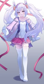 1girl absurdres animal_ears azur_lane bare_shoulders blush breasts camisole collarbone commentary fake_animal_ears feet full_body hair_between_eyes hair_ornament hairband headgear highres jacket laffey_(azur_lane) long_hair long_sleeves looking_at_viewer no_shoes open_mouth pink_jacket pink_ribbon pleated_skirt rabbit_ears red_eyes red_hairband red_skirt ribbon seori simple_background skindentation skirt small_breasts solo standing strap_slip thighhighs twintails very_long_hair white_background white_camisole white_hair white_thighhighs zettai_ryouiki
