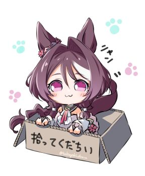 Rule 34 | 1girl, :3, animal ears, ascot, blush, box, brown hair, brown sailor collar, cardboard, cardboard box, chibi, dress, for adoption, hair between eyes, highres, horse ears, horse girl, horse tail, in box, in container, long hair, looking at viewer, paw print, paw print background, pink dress, pink eyes, sailor collar, sakura chitose o (umamusume), smile, solo, tail, takoyaki (takoyaki draw), umamusume, white ascot