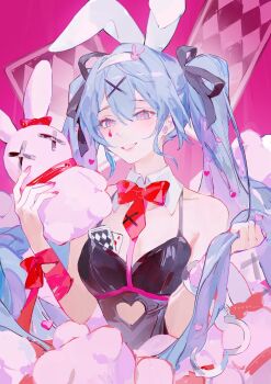 1girl animal_ears bare_shoulders black_leotard black_ribbon blue_eyes blue_hair bow bowtie card clothing_cutout commentary cuffs cutout_above_navel detached_sleeves earrings english_commentary fake_animal_ears hair_ornament hair_ribbon handcuffs hatsune_miku heart heart_cutout highres holding holding_own_hair holding_stuffed_toy jewelry leotard long_hair necktie object_in_bra pink_background pink_pupils playing_card rabbit_earrings rabbit_ears rabbit_hole_(vocaloid) red_bow red_bowtie red_necktie ribbon smile solo stuffed_animal stuffed_rabbit stuffed_toy teardrop_facial_mark twintails upper_body very_long_hair vocaloid x_hair_ornament yueko_(jiayue_wu)
